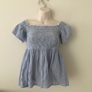American eagle blue off shoulder shirt cinched ruffled boho minimalist peplum